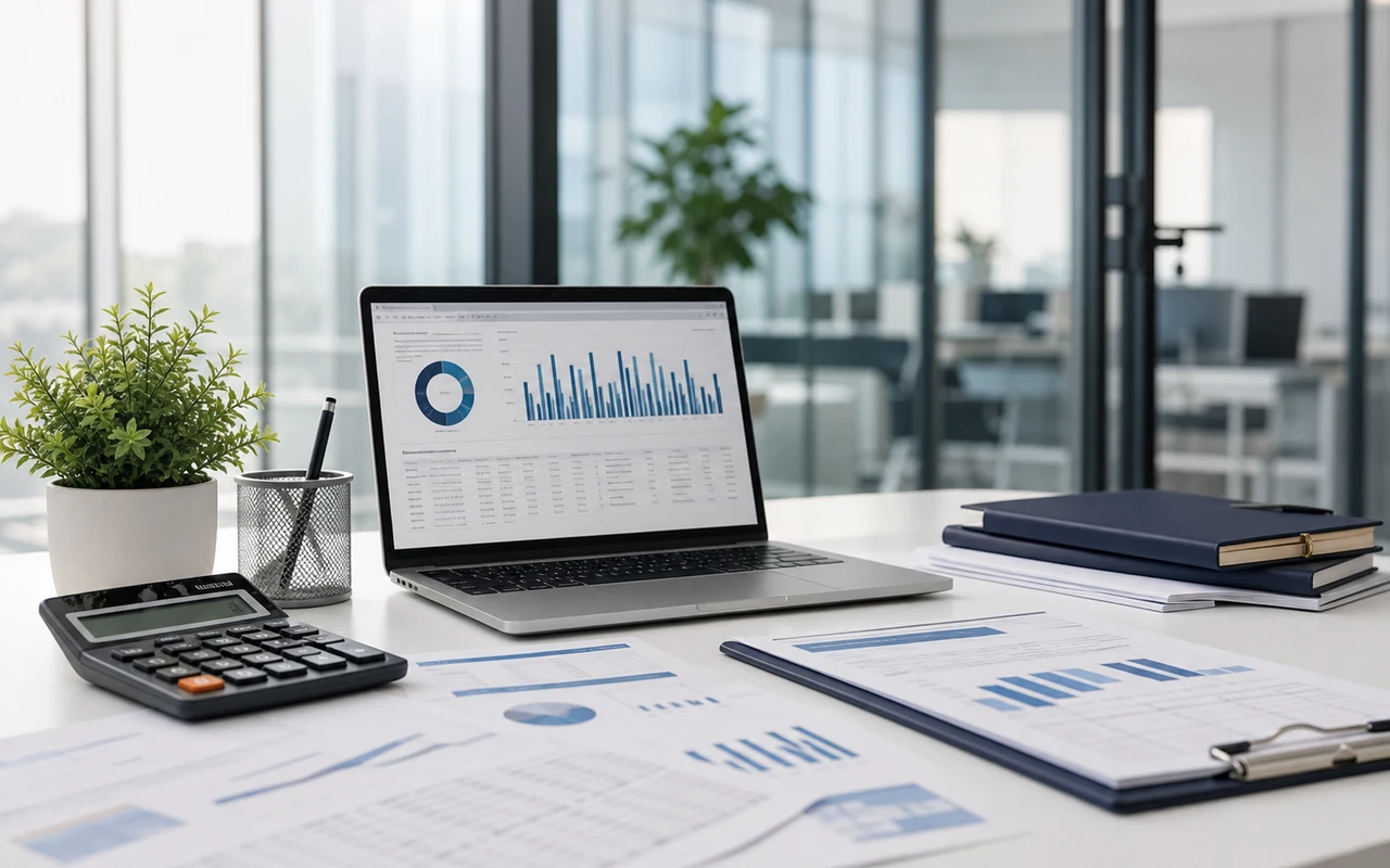 Laptop showing accounting graphs, reports and UAE bookkeeping documents